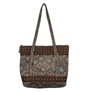 Quilted Women's Purse Bag Brown Teal Floral Pockets Zipper Closure 2‎ Straps